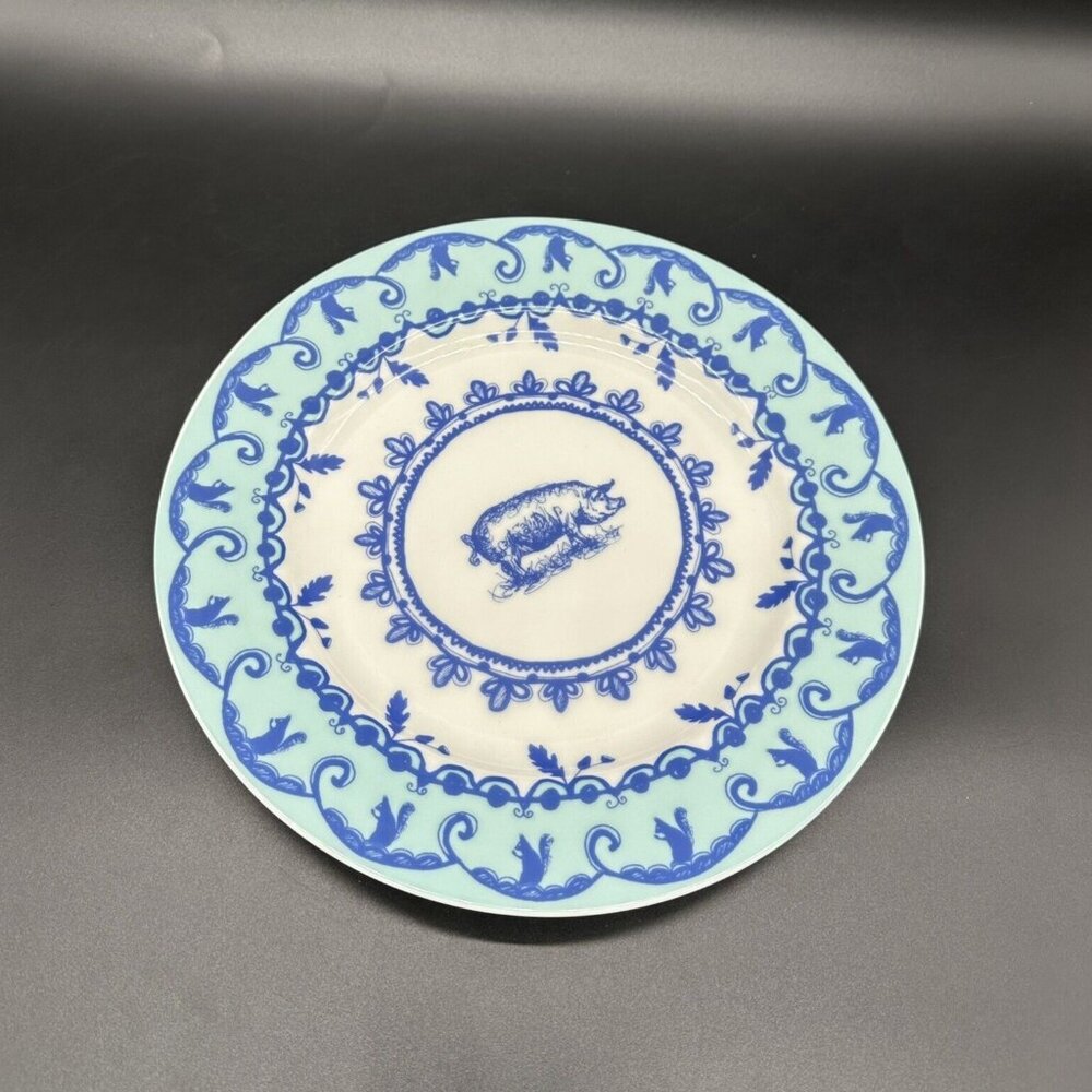 Anthropologie Dinner Plate Pig Squirrel Japan White Blue Decor Farmhouse Retired